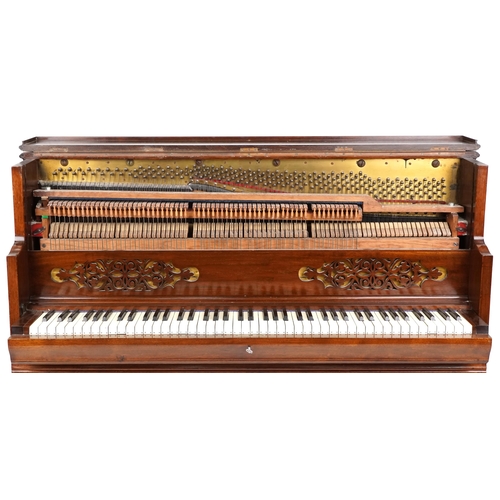 1080 - An unusual early 20th century mahogany cased fall-front upright piano, 115cm H x 136cm W x 51cm D.