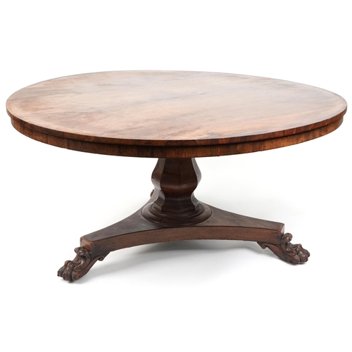 1130 - A Regency rosewood circular tip-top centre table raised on a baluster column, platform base and paw ... 