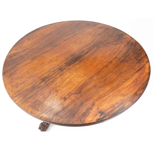 1130 - A Regency rosewood circular tip-top centre table raised on a baluster column, platform base and paw ... 