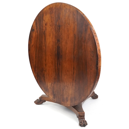 1130 - A Regency rosewood circular tip-top centre table raised on a baluster column, platform base and paw ... 