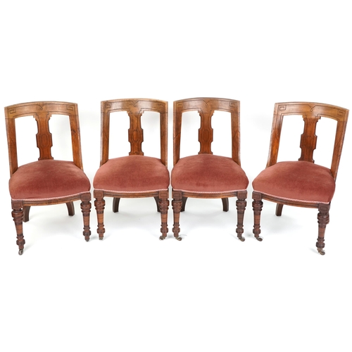 1120 - A set of four late Victorian mahogany framed dining chairs, 87cm H x 50cm W x 56cm D.