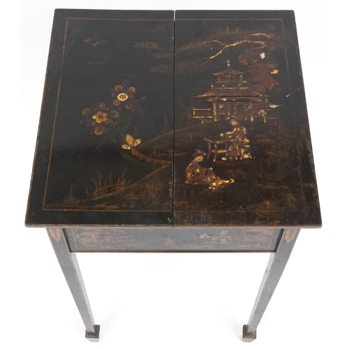 1001 - An Edwardian black chinoiserie lacquered metamorphic writing table, the double hinged lid revealing ... 