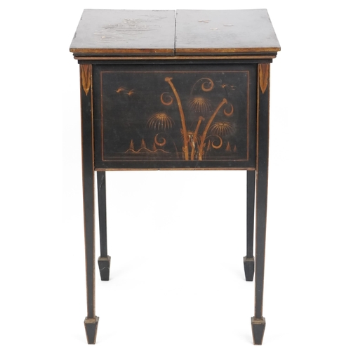 1001 - An Edwardian black chinoiserie lacquered metamorphic writing table, the double hinged lid revealing ... 