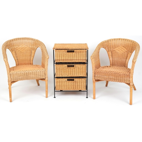 1125 - A pair of modern wicker tub back chairs, 76cm H x 58cm W x 59cm D, together with a wicker three draw... 