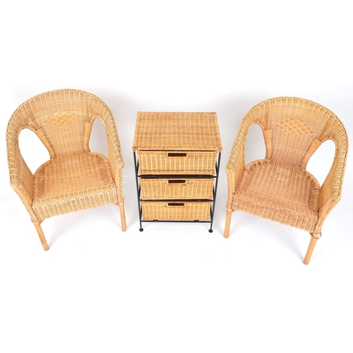 1125 - A pair of modern wicker tub back chairs, 76cm H x 58cm W x 59cm D, together with a wicker three draw... 