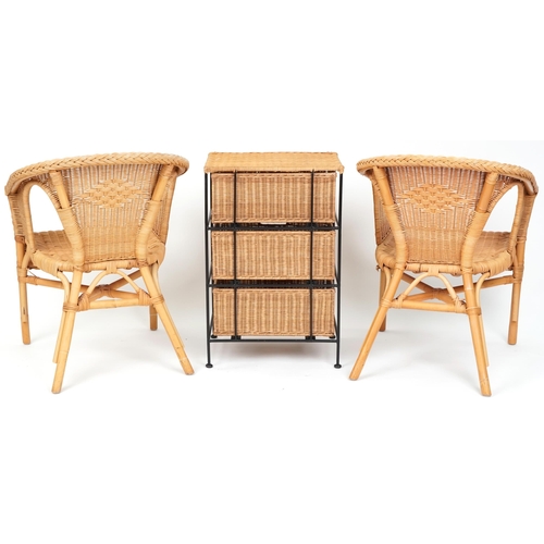 1125 - A pair of modern wicker tub back chairs, 76cm H x 58cm W x 59cm D, together with a wicker three draw... 