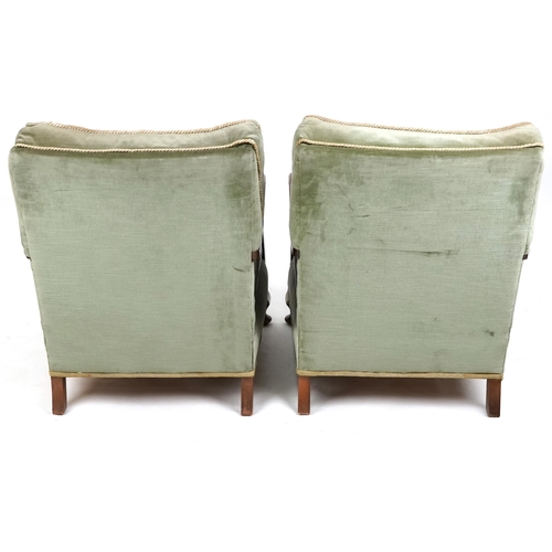 1072 - A George V three piece mahogany framed bergère suite upholstered in green velour comprising three se... 