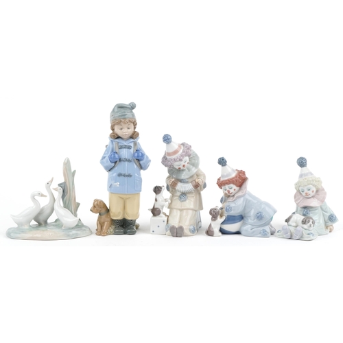 1200 - Three Lladro porcelain clowns together with Nao porcelain young girl with dog and Nao geese, the lar... 