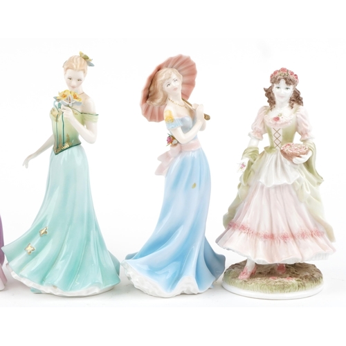 1202 - Six Royal Worcester figurines comprising Amelia, Ellie, Alice, Jessica, Rose and The Queen of the Ma... 