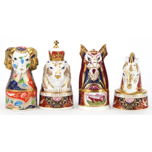 1187 - Four Royal Worcester candle snuffers comprising Queen Elizabeth II Golden Jubilee Lion & Unicorn, ea... 