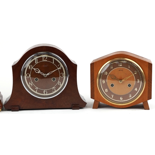 1416 - Four Art Deco and later striking mantle clocks including Smiths, the largest 28cm high.