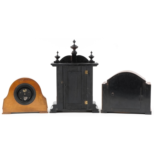 1437 - Two Art Deco mantle clocks, one with Westminster chime and an ebonised mantle clock with enamelled c... 