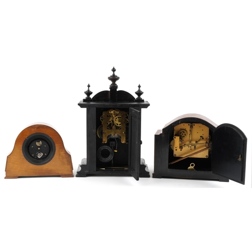 1437 - Two Art Deco mantle clocks, one with Westminster chime and an ebonised mantle clock with enamelled c... 