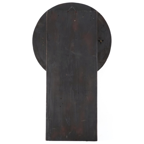 1346 - An American mixed wood striking wall clock having enamelled dial with Roman numerals 70cm high.