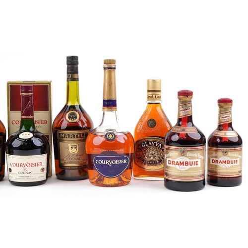 564 - Ten bottles of cognac and liqueur including Courvoisier, Martell, Grand Marnier and Drambuie.