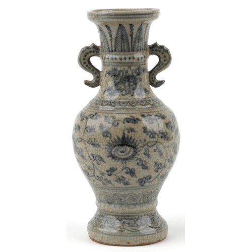 274 - A Chinese blue and white porcelain crackle glazed vase with twin handles, 30cm high.