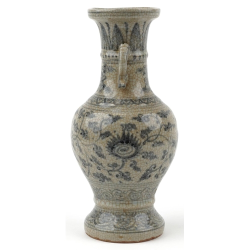 274 - A Chinese blue and white porcelain crackle glazed vase with twin handles, 30cm high.