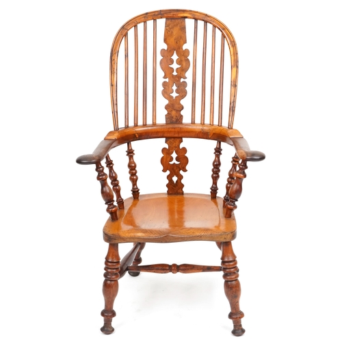 1133 - A late 19th/early 20th century yew and elm pierced splat back Windsor armchair, 108cm H x 68cm W x 6... 