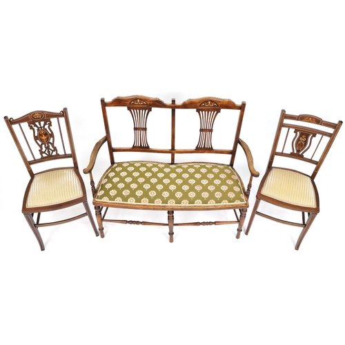 1081 - A matched Edwardian three piece salon suite comprising a two seat settee, 92cm H x 107cm W x 48cm D ... 