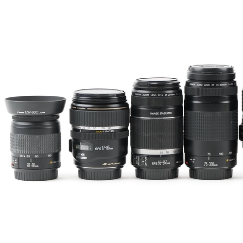 508 - A collection of Canon camera lenses including 17-85mm, 70-300mm DO, 55-250mm, 75-300mm, 28-80, 75-30... 