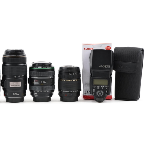 508 - A collection of Canon camera lenses including 17-85mm, 70-300mm DO, 55-250mm, 75-300mm, 28-80, 75-30... 