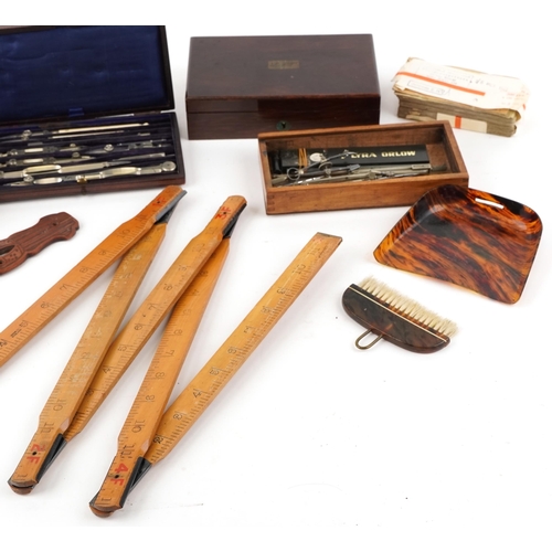 307 - Sundry items including a Chinese hardwood page turner, drawing apparatus, rosewood box, banknotes an... 