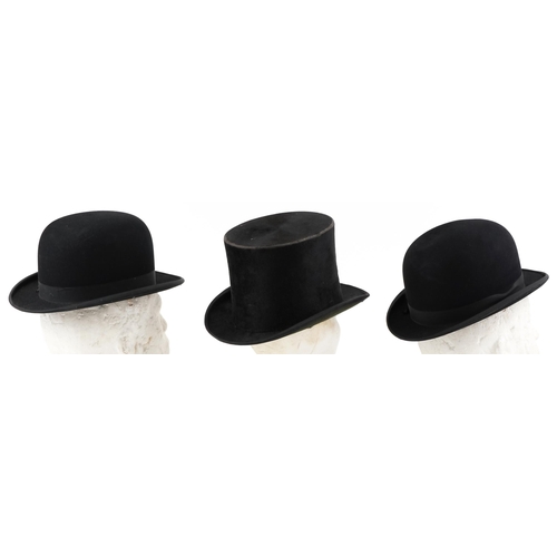 538 - Three gentlemen's moleskin hats comprising top hat by Dunn & Co with label 250 658 and two Tween bow... 