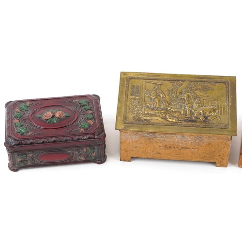 1355 - Four wooden and metal boxes including an Oriental lacquered example, the largest 19cm wide.