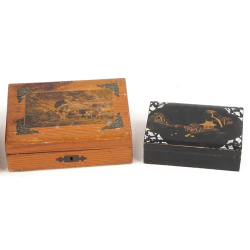 1355 - Four wooden and metal boxes including an Oriental lacquered example, the largest 19cm wide.