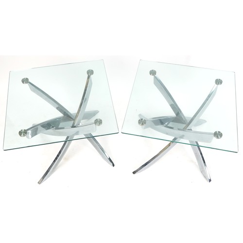 1043 - A pair of modern square glass and chromium plated lamp tables, 49cm H x 60cm W x 60cm D