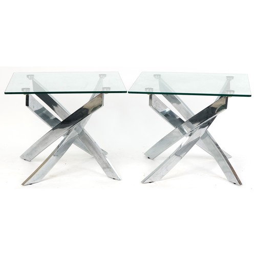 1043 - A pair of modern square glass and chromium plated lamp tables, 49cm H x 60cm W x 60cm D