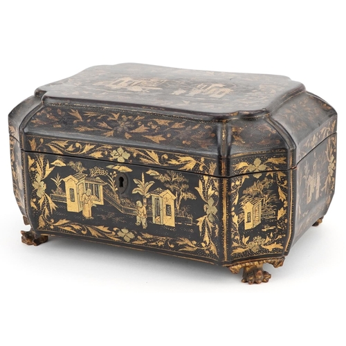 104 - An early 19th century chinoiserie decorated lacquer sewing box with gilded decoration, the hinged li... 