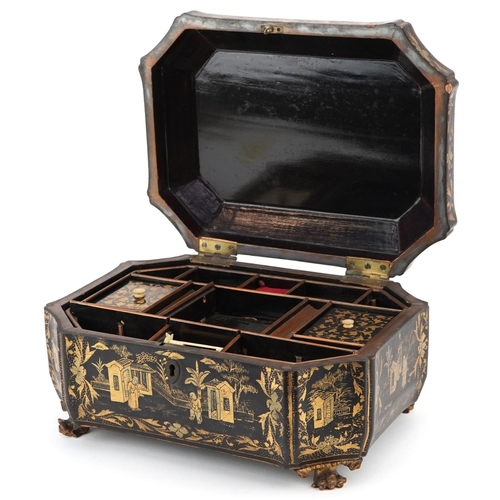 104 - An early 19th century chinoiserie decorated lacquer sewing box with gilded decoration, the hinged li... 