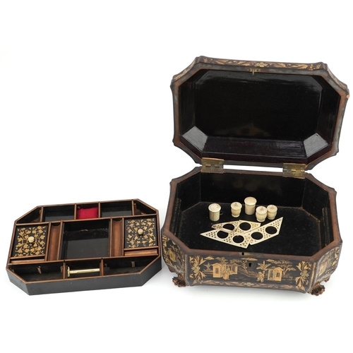 104 - An early 19th century chinoiserie decorated lacquer sewing box with gilded decoration, the hinged li... 