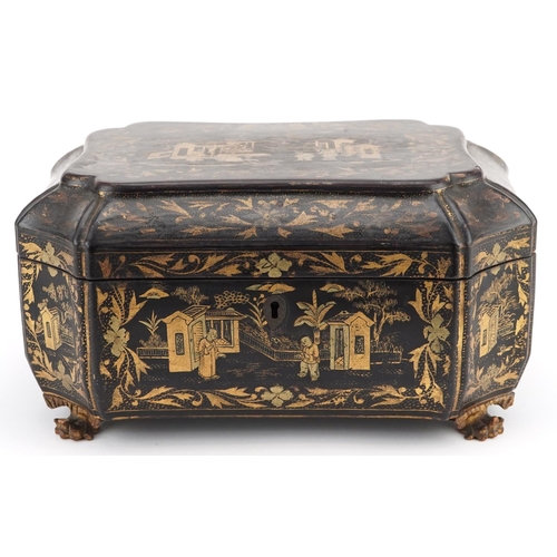 104 - An early 19th century chinoiserie decorated lacquer sewing box with gilded decoration, the hinged li... 