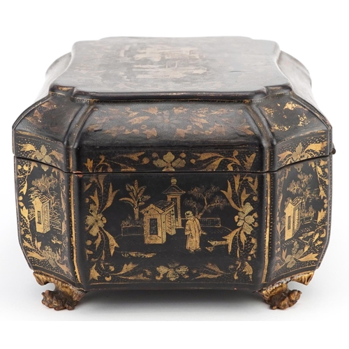 104 - An early 19th century chinoiserie decorated lacquer sewing box with gilded decoration, the hinged li... 