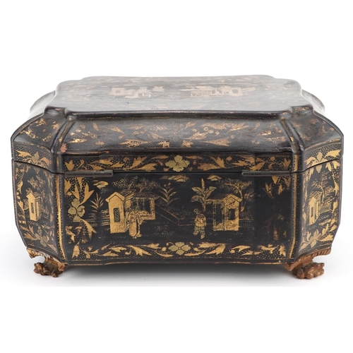 104 - An early 19th century chinoiserie decorated lacquer sewing box with gilded decoration, the hinged li... 