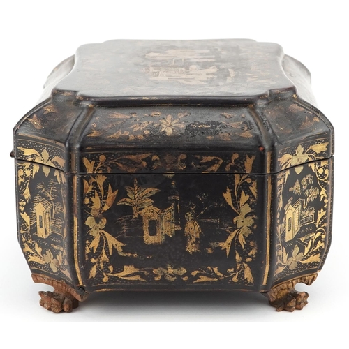 104 - An early 19th century chinoiserie decorated lacquer sewing box with gilded decoration, the hinged li... 