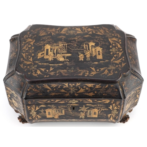 104 - An early 19th century chinoiserie decorated lacquer sewing box with gilded decoration, the hinged li... 