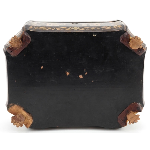 104 - An early 19th century chinoiserie decorated lacquer sewing box with gilded decoration, the hinged li... 