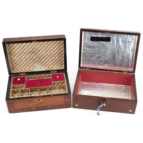 1366 - An early 19th century rosewood and mother of pearl inlaid jewellery box, 11cm H x 28cm W x 20cm D, t... 