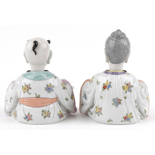  A pair of early 20th century Dresden porcelain nodding Chinese figures, each with hand painted decor... 