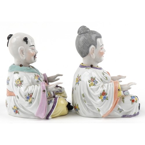  A pair of early 20th century Dresden porcelain nodding Chinese figures, each with hand painted decor... 