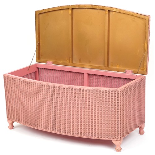 1004 - A pink Lloyd Loom box seat stool raised on cabriole legs, 47cm H x 93cm W x 43cm D.