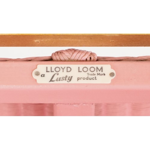 1004 - A pink Lloyd Loom box seat stool raised on cabriole legs, 47cm H x 93cm W x 43cm D.