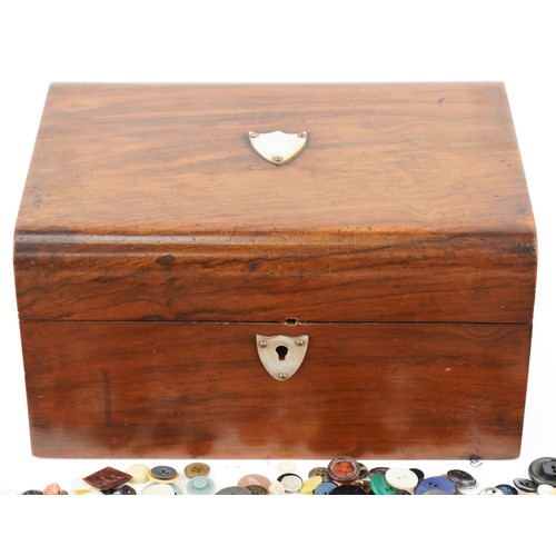 1370 - Victorian walnut workbox with mother of pearl inlay housing a large collection of vintage and later ... 