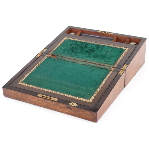 143 - A mid Victorian walnut and mother of pearl inlaid writing slope, 14cm H x 35cm W x 23cm D.