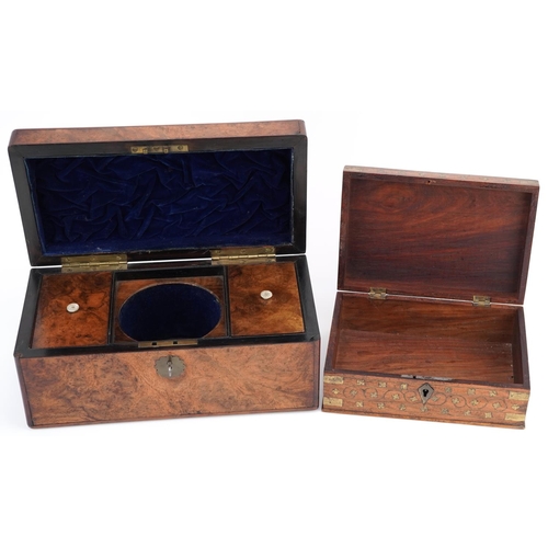 146 - A Victorian burr walnut tea caddy, 14cm H x 31cm W x 16cm D, together with a 20th century teak and b... 