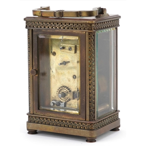 66 - An Edwardian gilt brass carriage clock with white enamelled dial, detailed A.W. Fraser, Grantown-on-... 