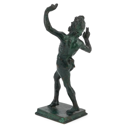 73 - A 20th century green patinated bronze figure of a faun, 15cm high.